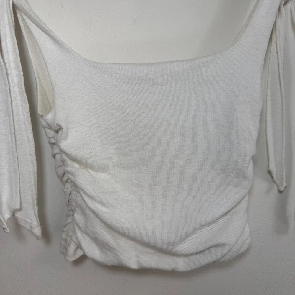 Free People Boulevard Tie Strap Tank Crop Top White Ruched‎ Cotton S Minimalist